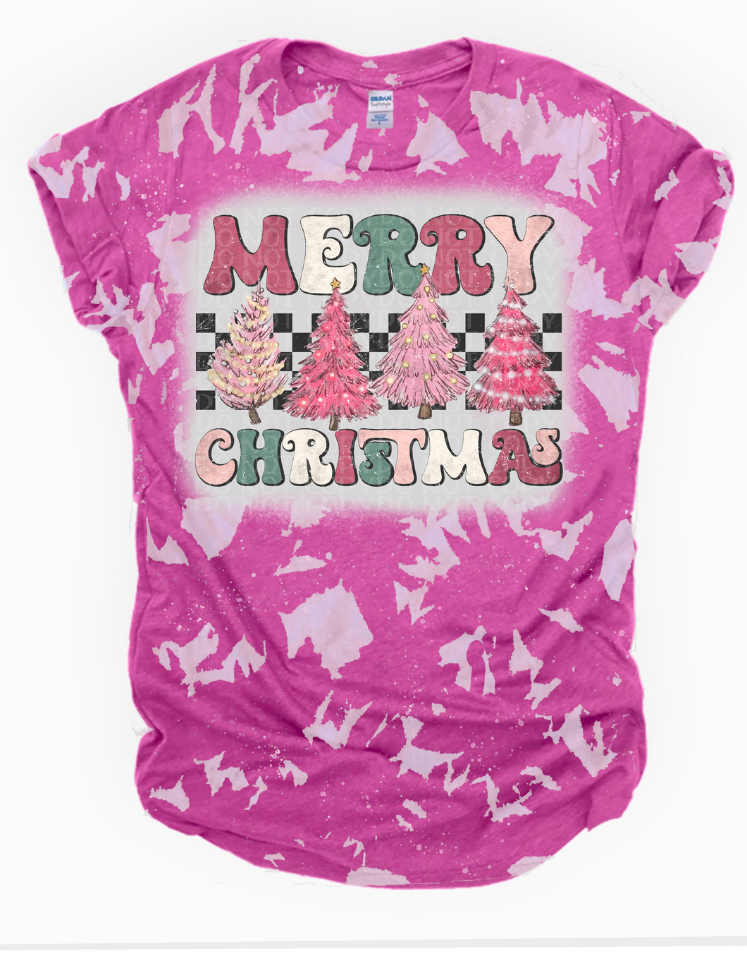 Checkered Merry Christmas Pink Trees - no Bleach or Bleached Tee